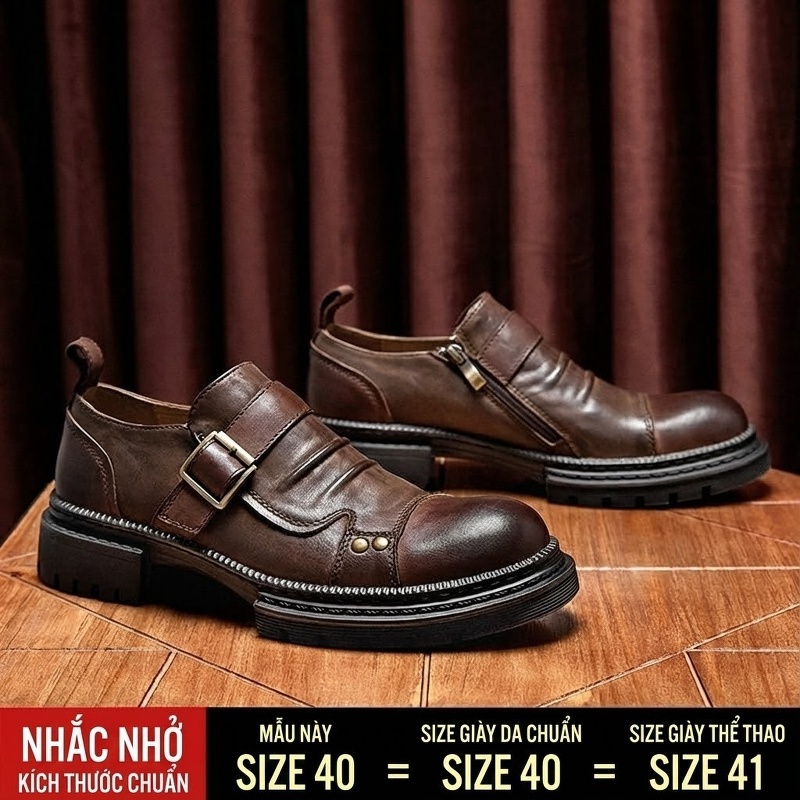 Giày Lười Nam Da Bò Đế Dày Chiều Cao Đế Khoảng 4cm Phong Cách Retro Màu Đen, Nâu