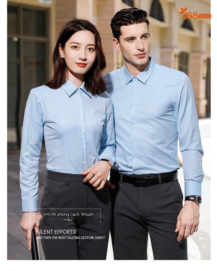 Áo Sơ Mi Dài Tay Nam Nữ Không Nhăn Phong Cách Công Sở Thêu Logo Màu Trắng, Xanh chi tiết 15