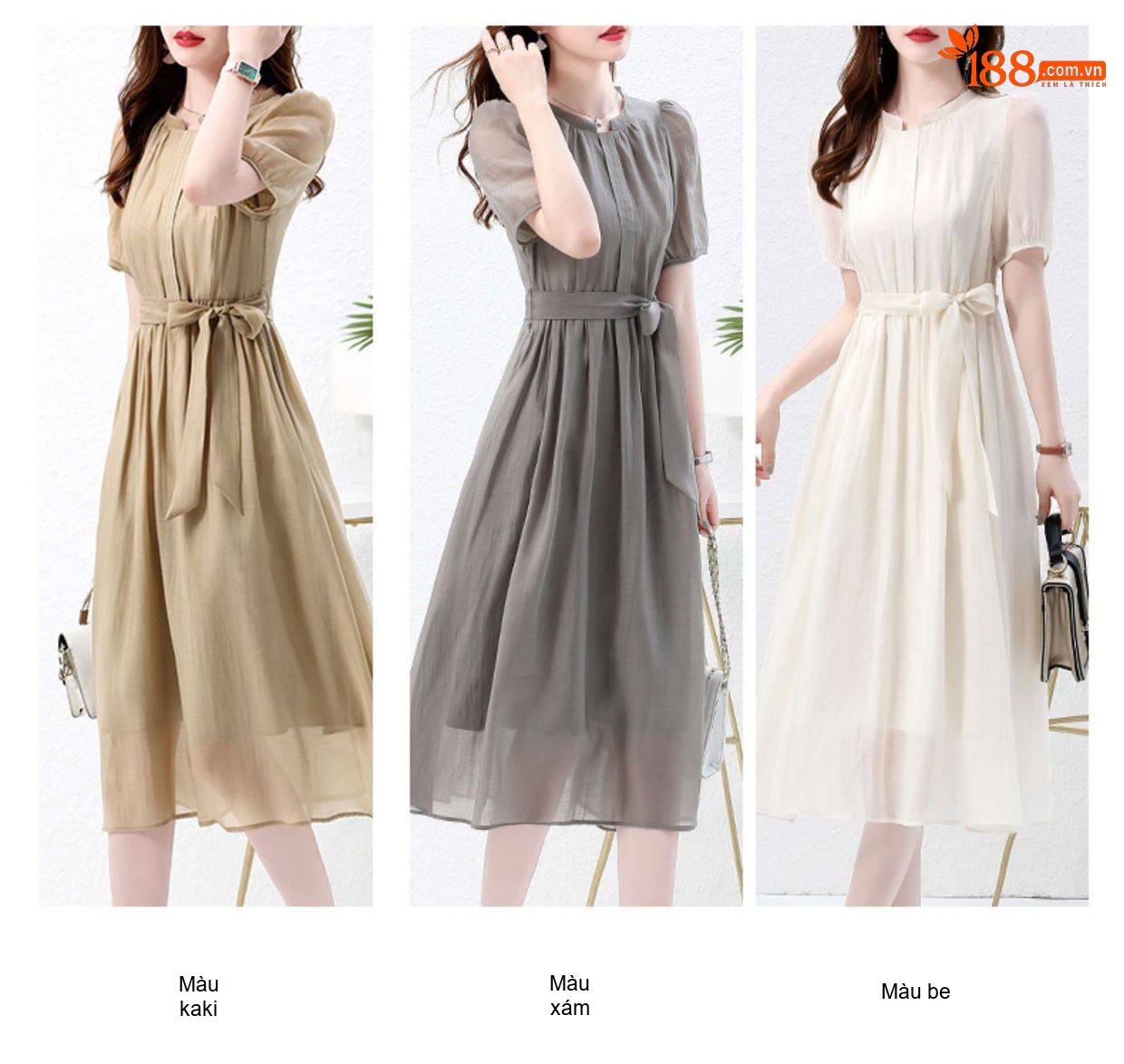 Váy Liền Thân Nữ dáng chữ A Chiết Eo Thanh Lịch Màu Xám, Be, Trắng chi tiết 9