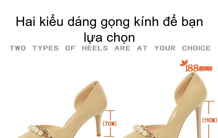 Giày Cao Gót Nữ Nỉ Hở Bên Chiều Cao Đế Khoảng 8cm Đính Ngọc Trai Màu Đen, Kem chi tiết 1