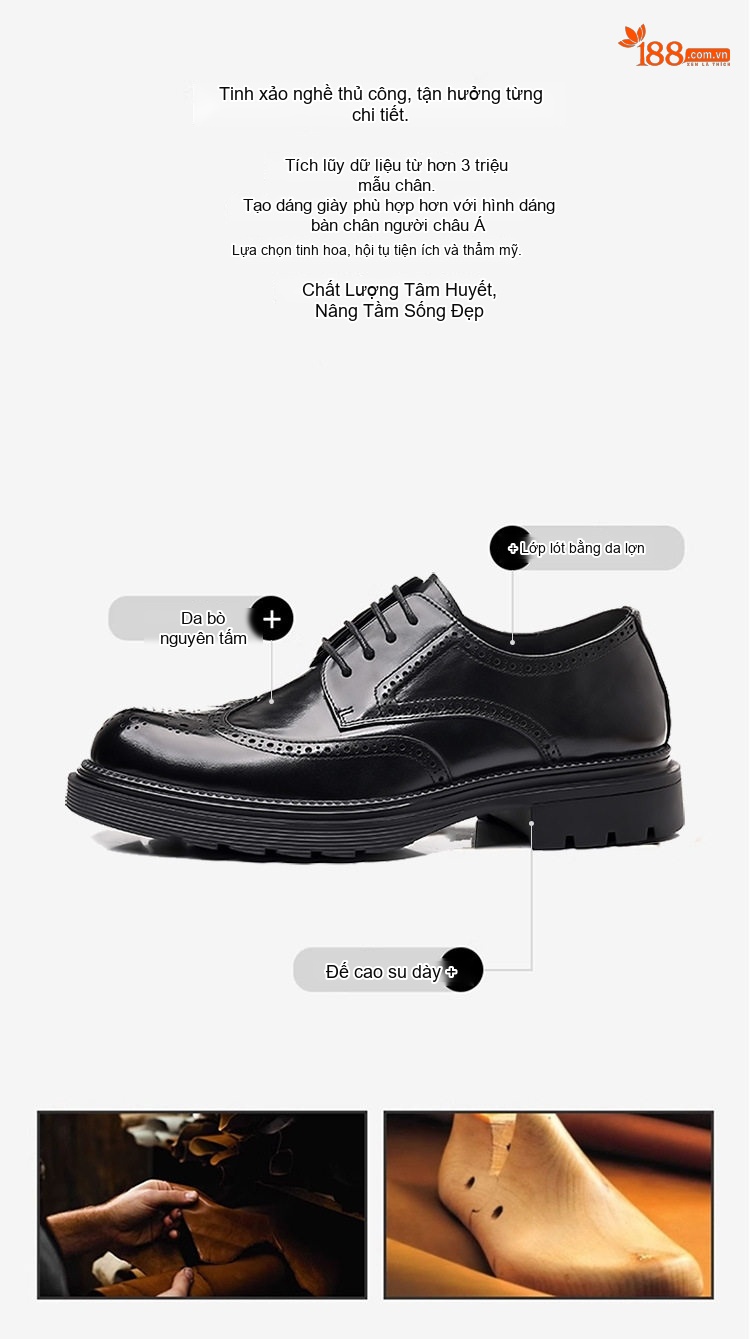 Giày Tây Buộc Dây Nam Da Thật Brogue Chiều Cao Đế Khoảng 3.5cm Màu Nâu, Đen chi tiết 2
