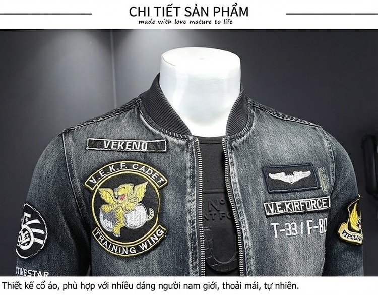 Áo Khoác Jean Nam Thêu Hình Bomber Cổ Trụ Phong Cách Châu Âu Màu Xanh Đen chi tiết 7