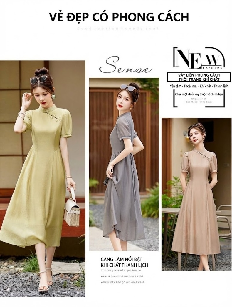 Váy Đầm Trung Hoa Cách Tân, Cổ Điển, Dáng Ôm Màu Tím, Xám, Xanh Lá chi tiết 4
