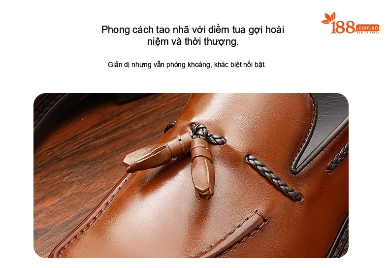 Giày Lười Nam Da Bò Trang Trí Tua Rua Chiều Cao Đế Khoảng 3cm Màu Nâu, Đen chi tiết 3