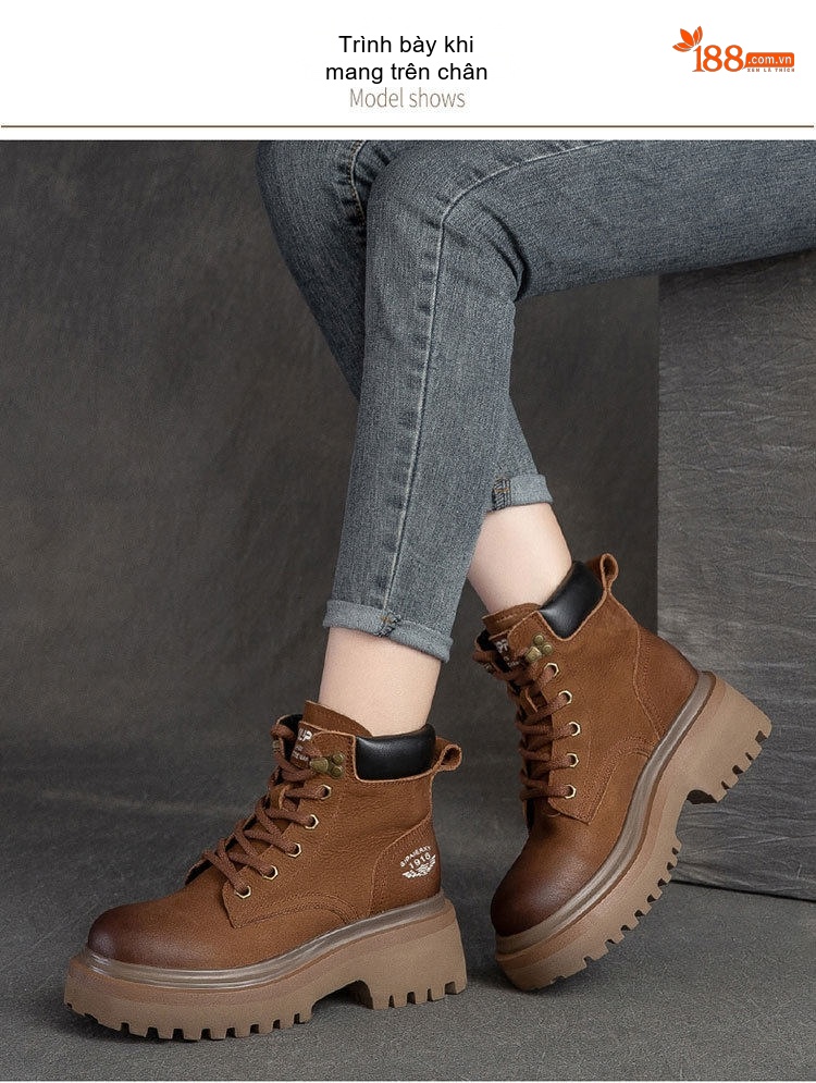 Boot Martin Nữ Cổ Ngắn Đế Dày Phong Cách Retro Chiều Cao Đế Khoảng 5cm Màu Nâu, Đỏ chi tiết 8