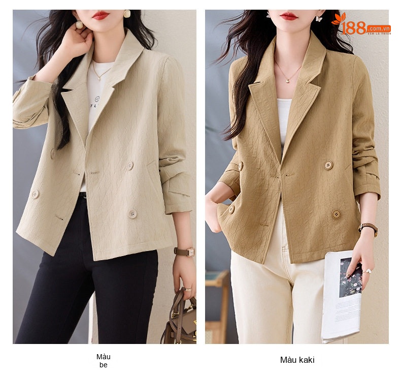 Áo Khoác Blazer Nữ Kiểu Hàn Quốc Dáng Ngắn Vải Gân Tăm Màu Be chi tiết 10