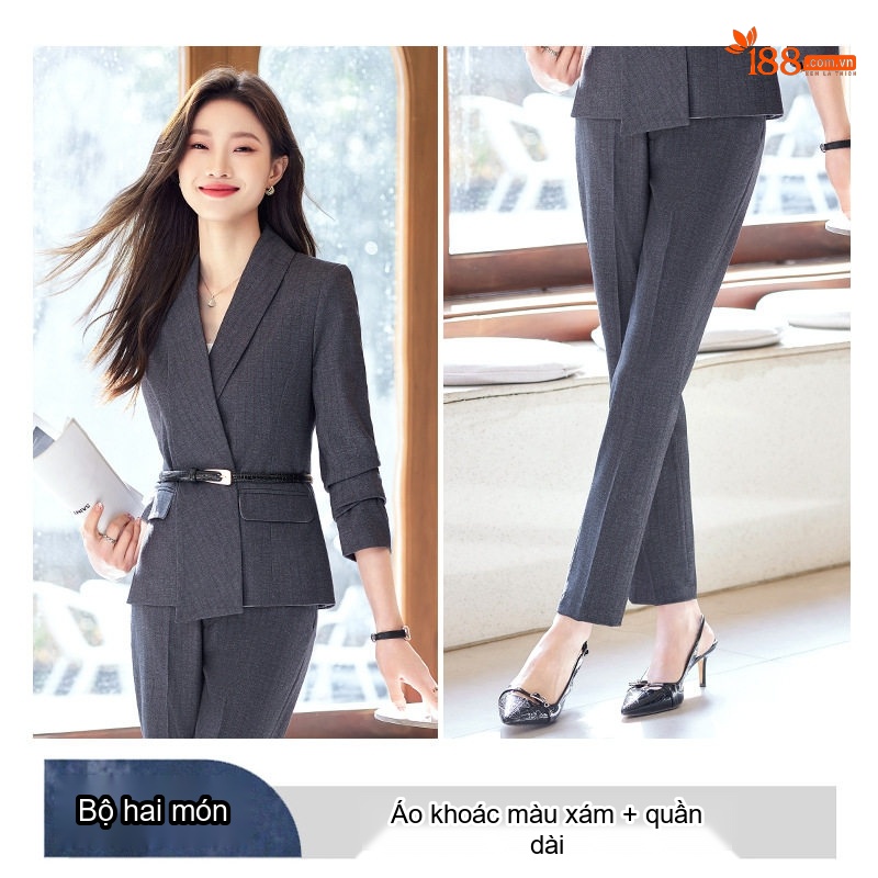 Bộ Vest Công Sở Nữ Áo Blazer Quần Dài/Chân Váy Chữ A Màu Xám, Đen