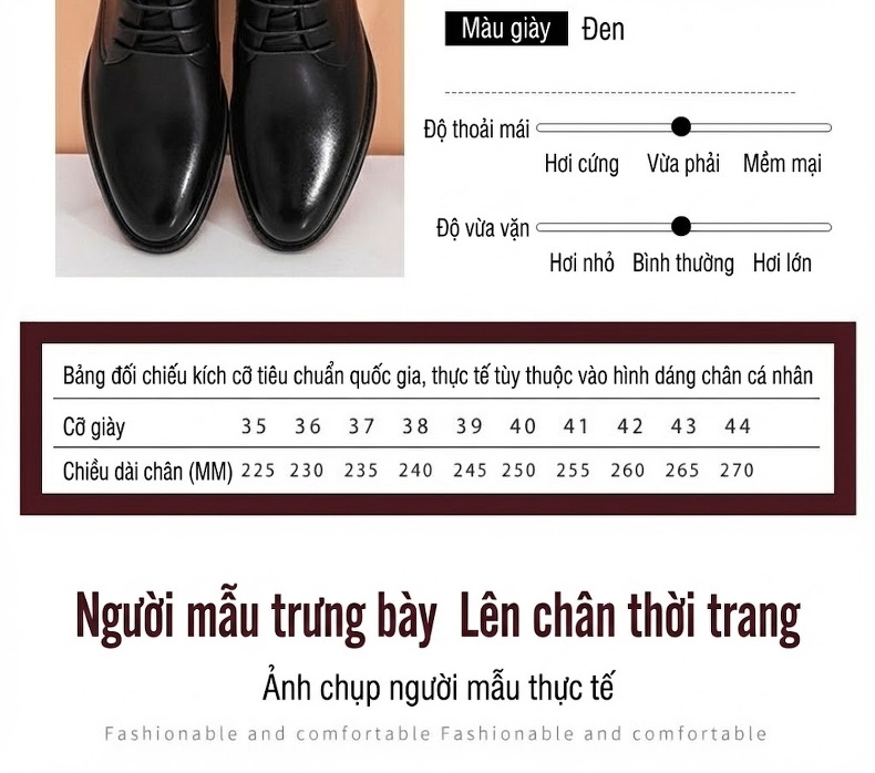 Giày Tây Buộc Dây Nam Da Bò Chiều Cao Đế Khoảng 3cm Màu Đen chi tiết 8