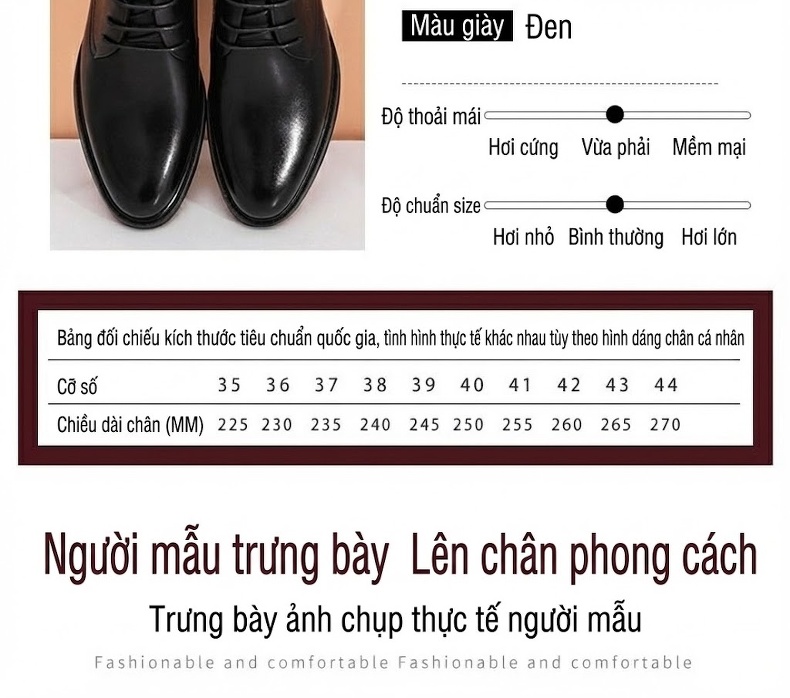 Giày Tây Buộc Dây Nam Da Bò Chiều Cao Đế Khoảng 3cm Màu Đen chi tiết 7