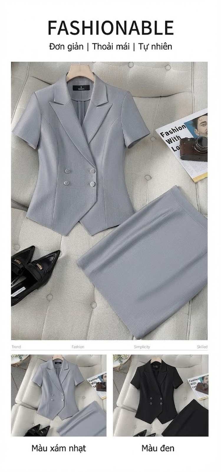 Bộ Vest Công Sở Nữ Tay Ngắn Quần Dài Màu Đen, Xám chi tiết 5