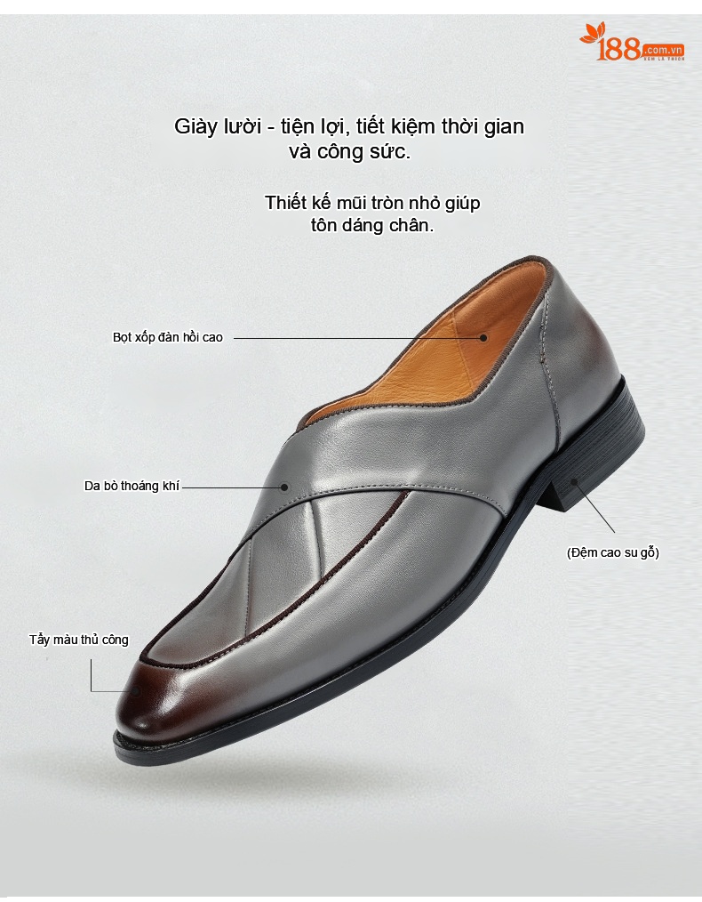 Giày Lười Mũi Nhọn Nam Da Bò Phong Cách Retro Chiều Cao Đế Khoảng 3cm Màu Đen, Xám chi tiết 4