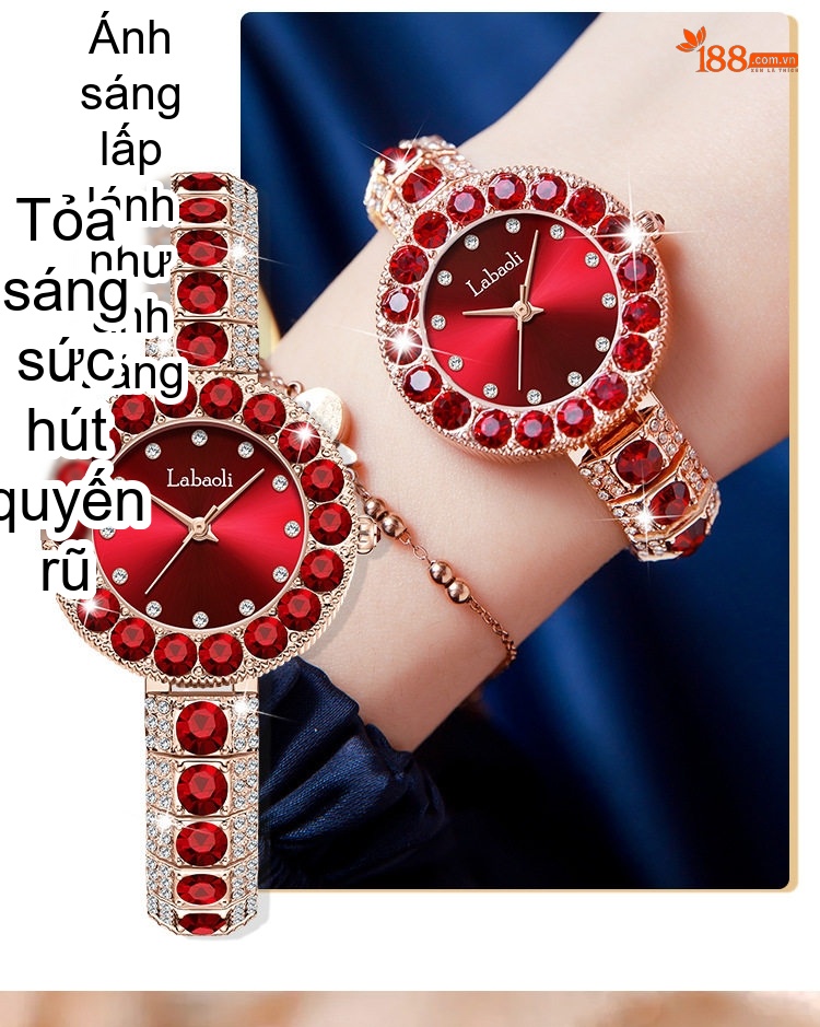 Đồng Hồ Nữ Đính Đá Quartz Mặt Tròn Phong Cách Retro Màu Đỏ, Vàng, Bạc chi tiết 7