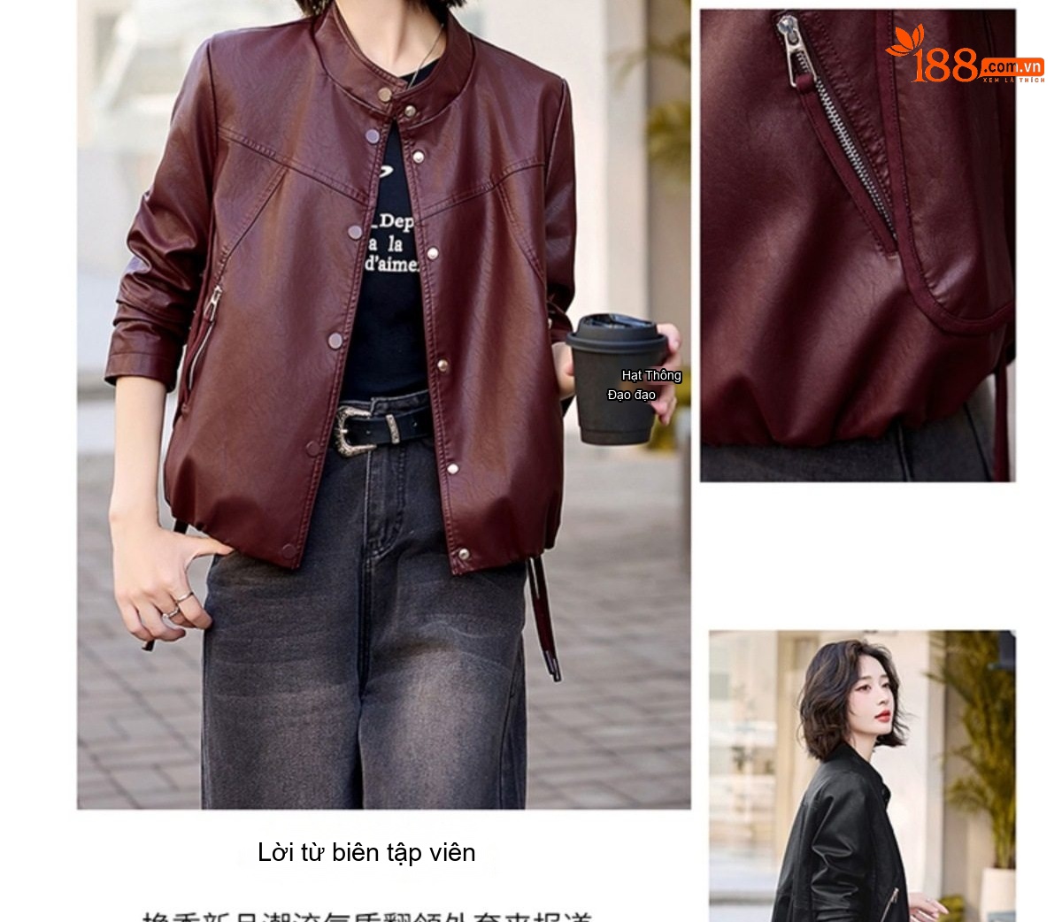 Áo Khoác Bomber Nữ Da PU Dáng Ngắn Thời Trang Màu Đen, Đỏ Rượu chi tiết 4