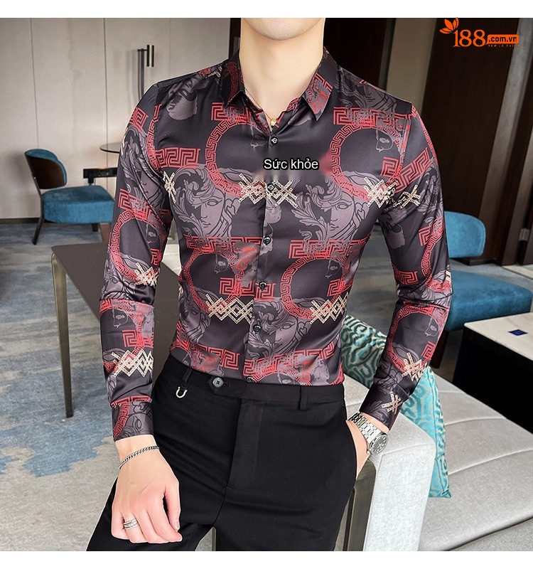 Áo Sơ Mi Nam Tay Dài Họa Tiết Hoa Văn Phong Cách Retro Màu Đen, Đỏ, Xám, Xanh Lá chi tiết 34
