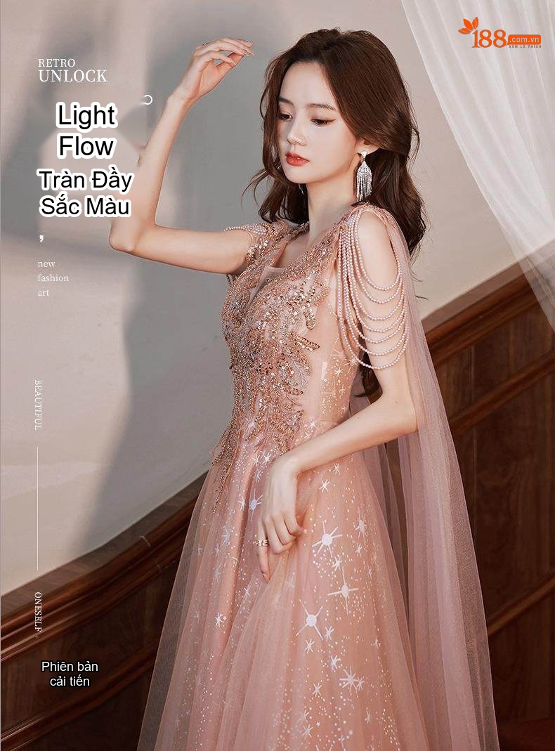 Váy Dạ Hội Nữ Đính Sao Phong Cách Thanh Lịch Cho MC, Dự Tiệc Màu Hồng chi tiết 1