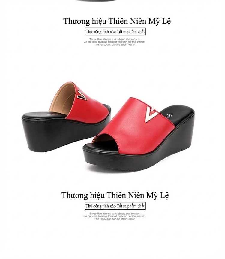 Dép Quai Ngang Nữ Da Bò Đế Xuồng Chiều Cao Đế Khoảng 6cm Màu Đỏ, Đen chi tiết 14