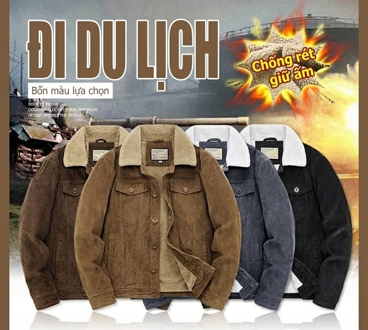 Áo Khoác Bông Nam Cổ Lông Cừu Non Vải Cotton Dày Dặn Màu Nâu, Đen, Xám chi tiết 6