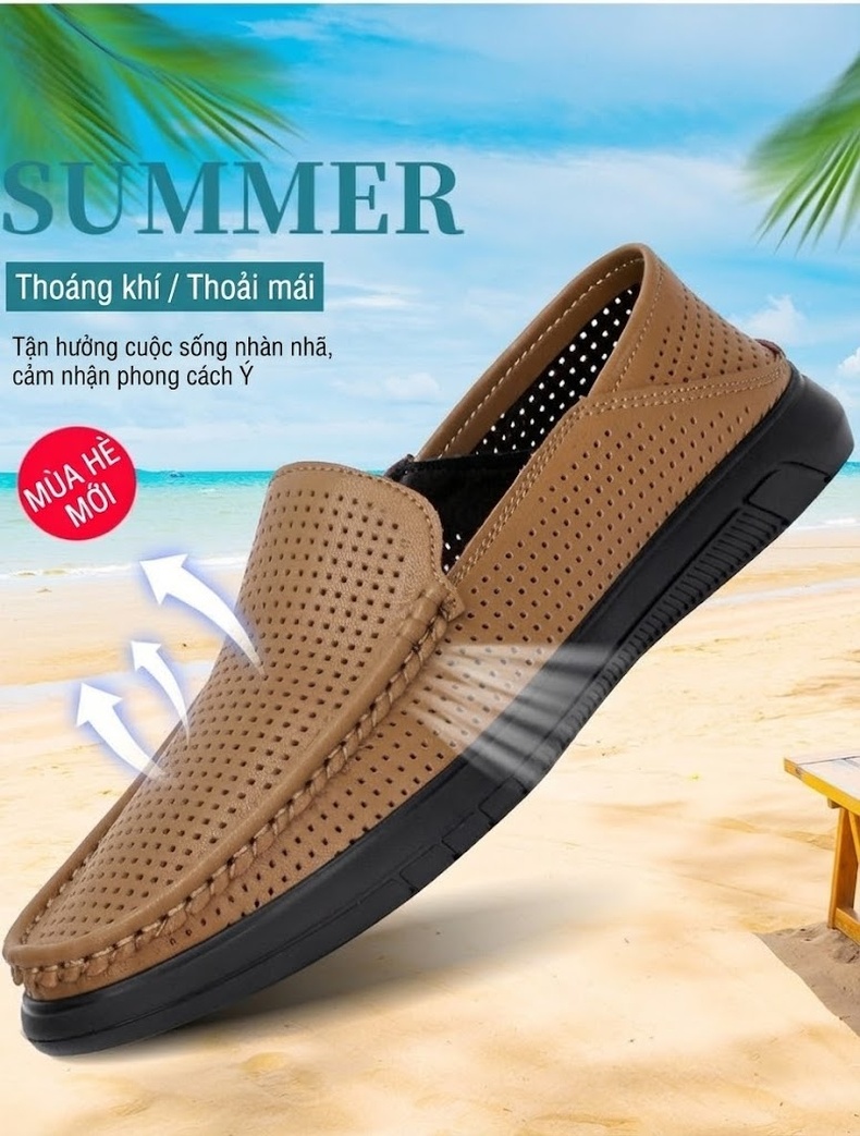 Giày Lười Nam Da Thật Thoáng Khí Chiều Cao Đế Khoảng 3cm Màu Đen, Nâu chi tiết 4