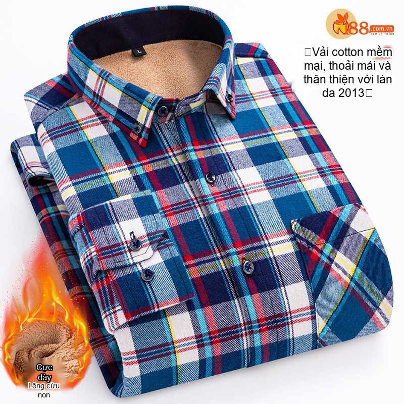 Áo Sơ Mi Nam Ca Rô Lông Cừu Non Cotton Dày Dặn Giữ Ấm Màu Đen, Đỏ, Xanh Dương, Xanh Lá...
