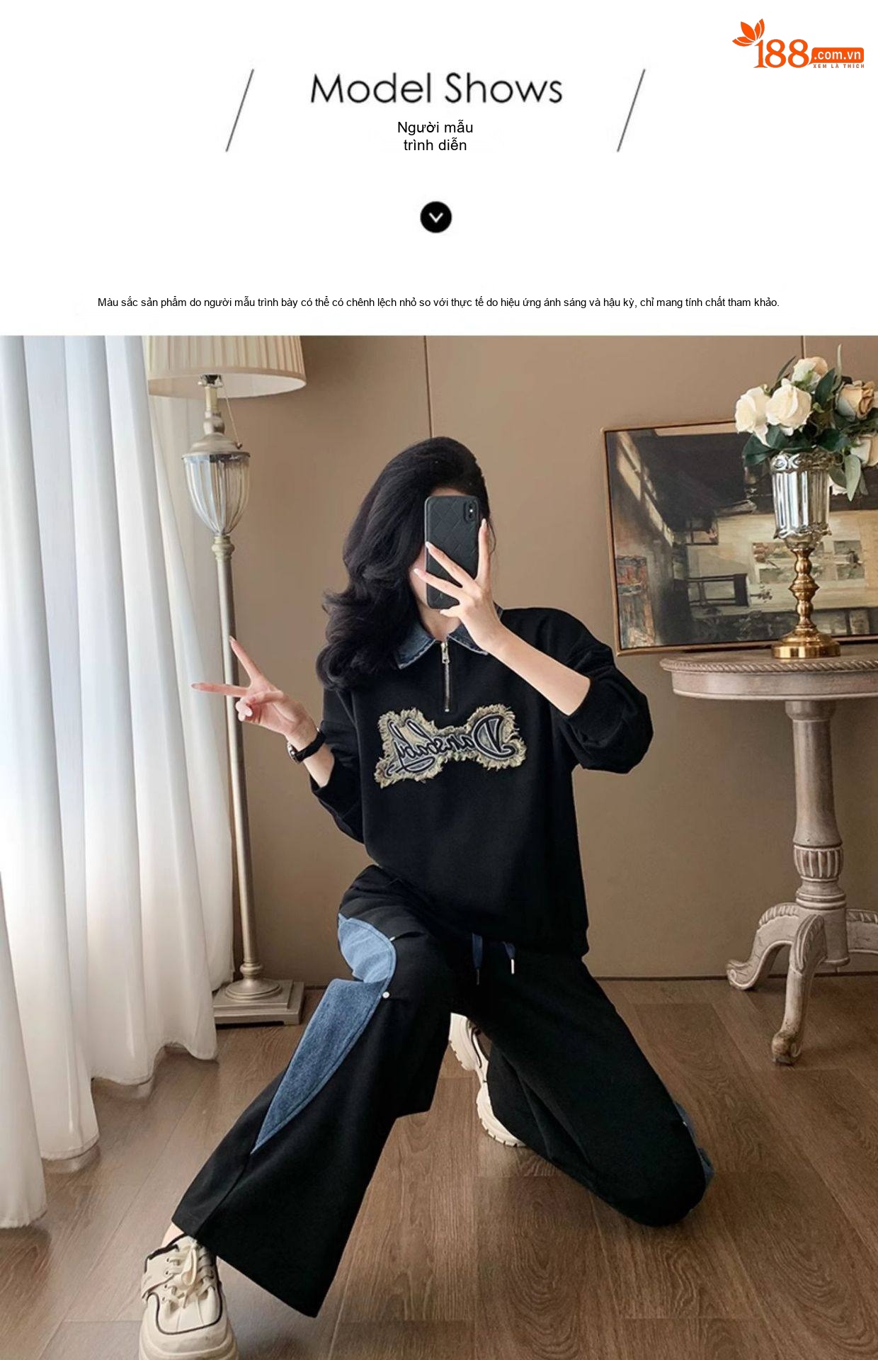 Bộ Đồ Nữ Áo Hoodie Tay Dài Quần Ống Rộng Phong Cách Casual Màu Đen chi tiết 13