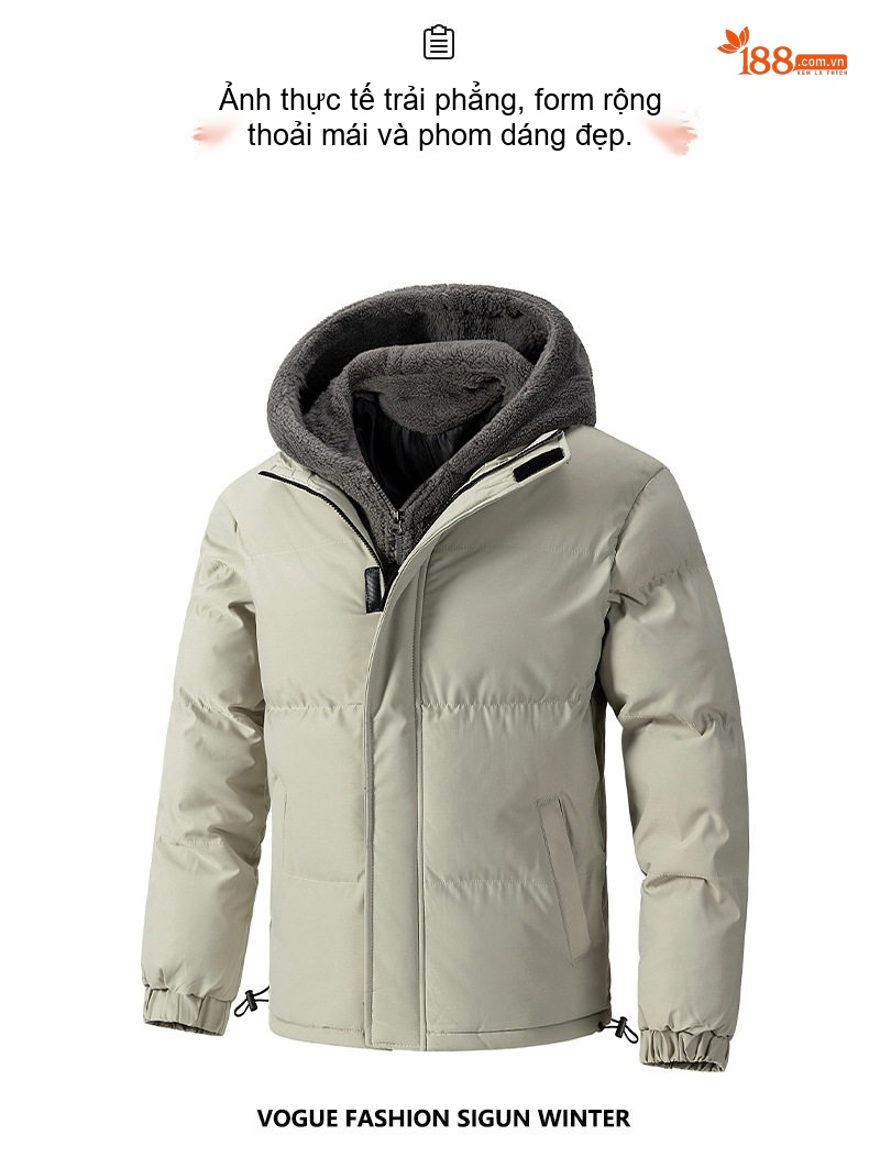 Áo Khoác Cotton Nam Mùa Đông Dáng Rộng Lông Cừu Non Dày Dặn Ngắn Tay Có Mũ Phong Cách Hàn Quốc Màu Be, Đen chi tiết 11