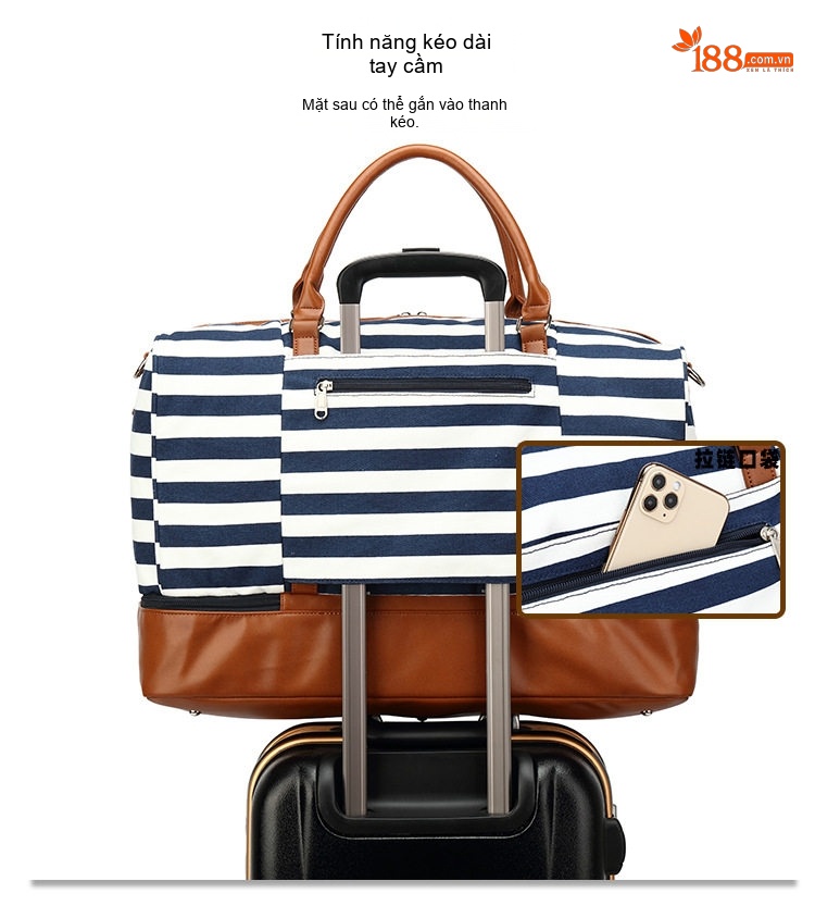Túi Du Lịch Vải Canvas Chống Nước, Túi Xách Tay, Túi Tập Gym Màu Sọc Xanh Navy, Trắng chi tiết 9