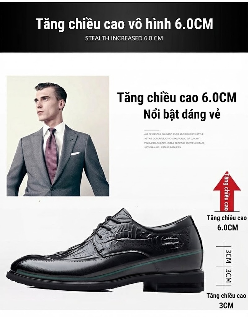 Giày Tây Buộc Dây Nam Da Bò Brogue Chiều Cao Đế 6cm Màu Đen chi tiết 2