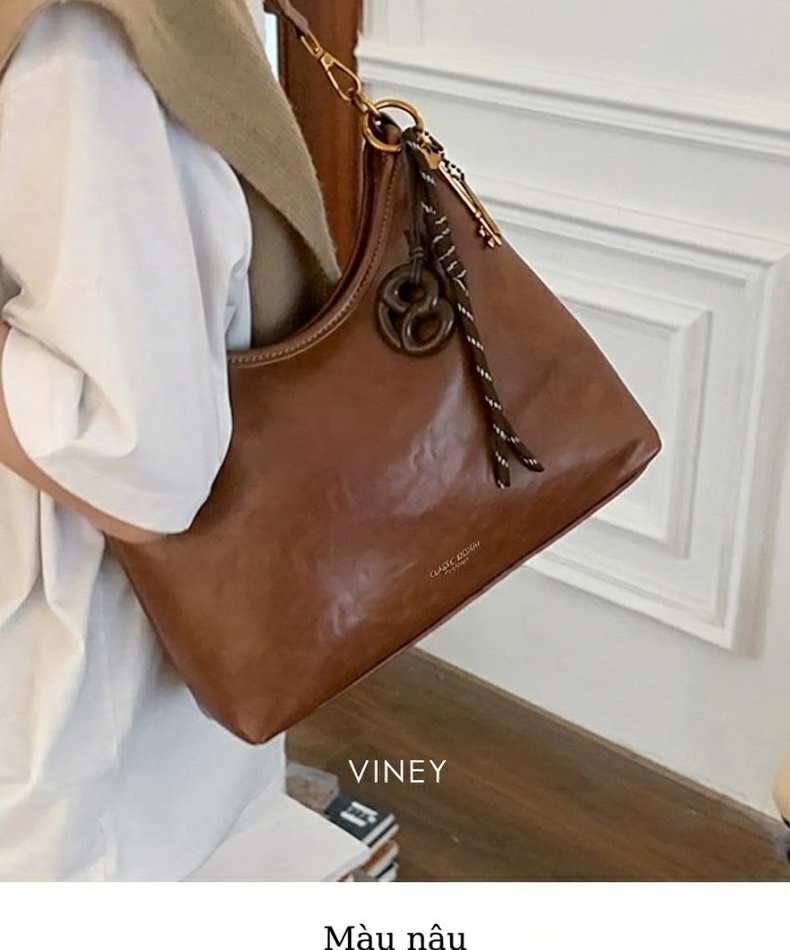 Túi Tote Nữ Da Bóng Đeo Vai Đựng Vừa A4 Phong Cách Cổ Điển Màu Nâu chi tiết 4