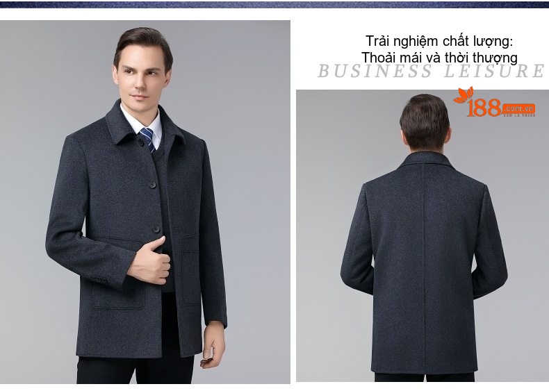 Áo Khoác Dạ Nam Lông Cừu Hai Mặt Trung Niên Giữ Ấm Màu Xám Đậm chi tiết 8