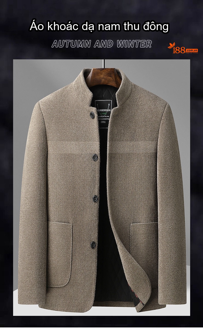 Áo Khoác Dạ Nam Trung Niên Cổ Trụ Dáng Dài Vừa Phong Cách Business Casual Màu Xám Đậm, Nâu chi tiết 1