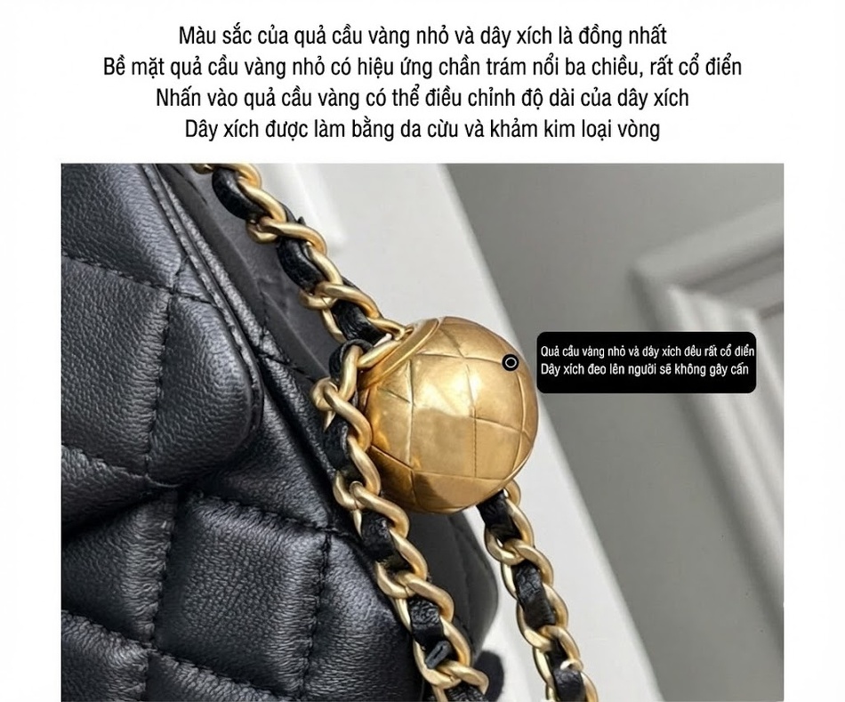 Túi Đeo Vai/Đeo Chéo Nữ Da Cừu Trám Ô Quả Trám, Dây Xích, Phong Cách Tiểu Thư Màu Đen chi tiết 7