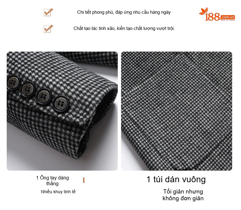 Áo Vest Nam Hai Mặt Dáng Ôm Họa Tiết Kẻ Houndstooth Lông Cừu Màu Nâu, Xám, Xanh Navy, Xám Đậm... chi tiết 11