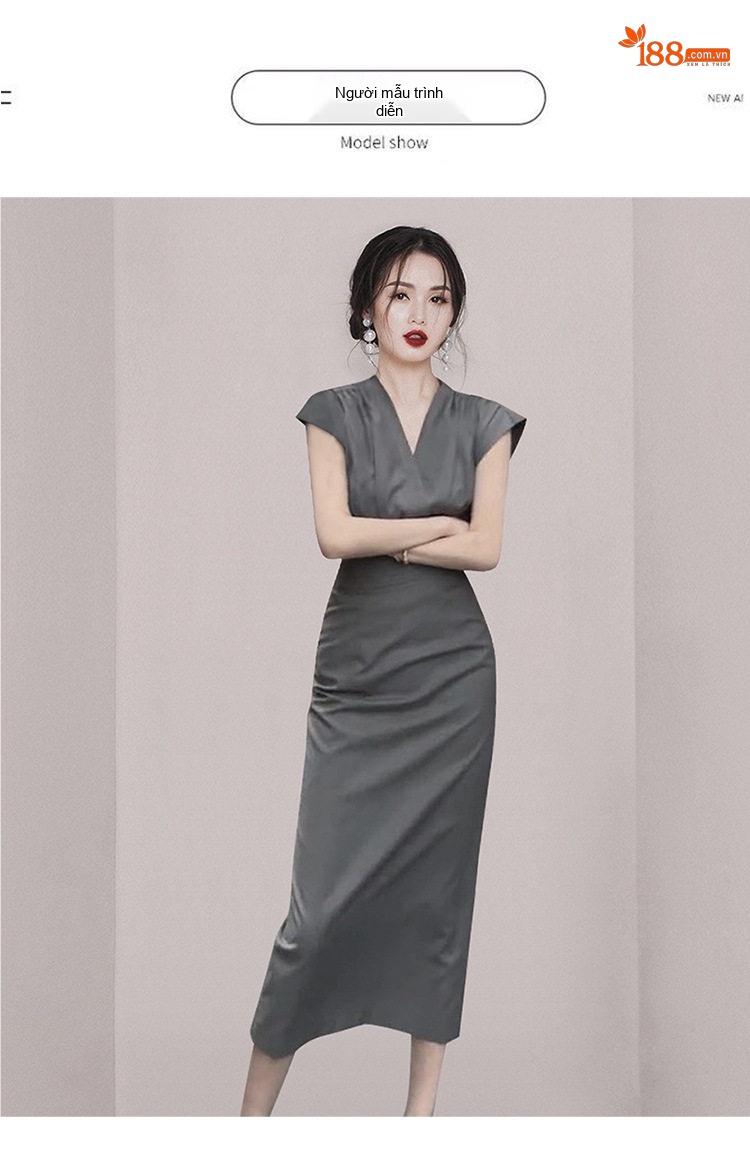 Váy Ôm Body Cổ chữ V Nữ Tay Lửng Thu Eo Thiết Kế Thanh Lịch Màu Xám chi tiết 7