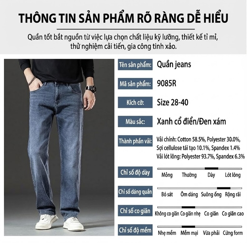Quần Jean Nam Ống Đứng Lót Lông Dày Dặn Màu Đen, Xanh chi tiết 11