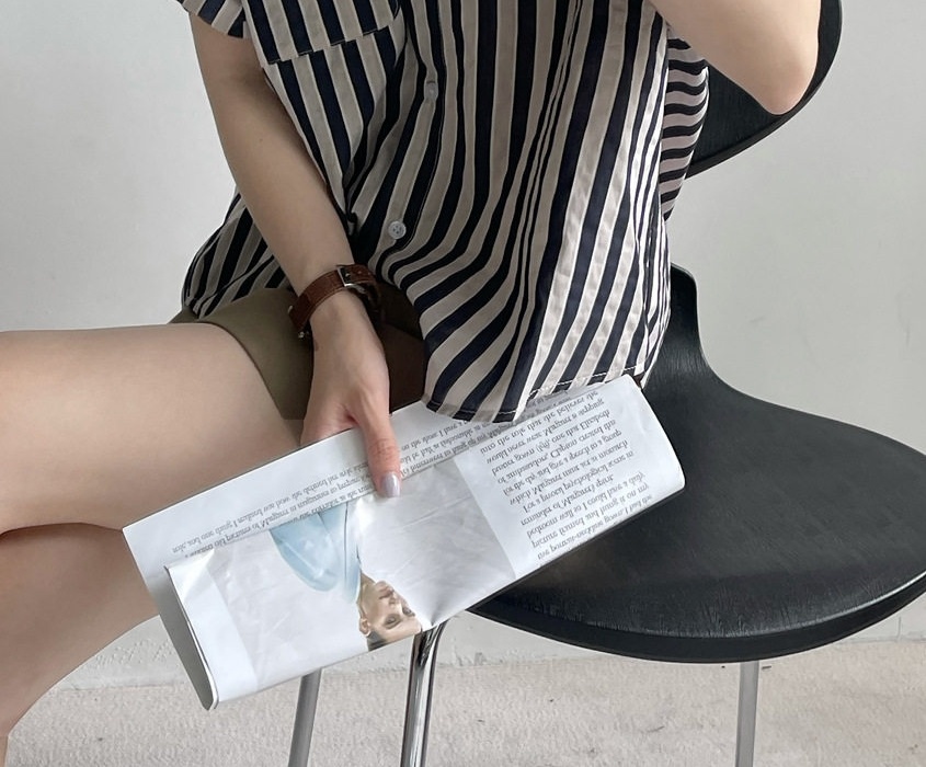 Áo Sơ Mi Nữ Tay Ngắn Cổ Polo Kẻ Sọc Phong Cách Ins Màu Xanh Lá, Đen chi tiết 17