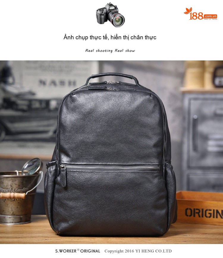 Balo Da Bò Hai Quai Nam Thủ Công Dung Tích Lớn Đựng Laptop Màu Đen chi tiết 8