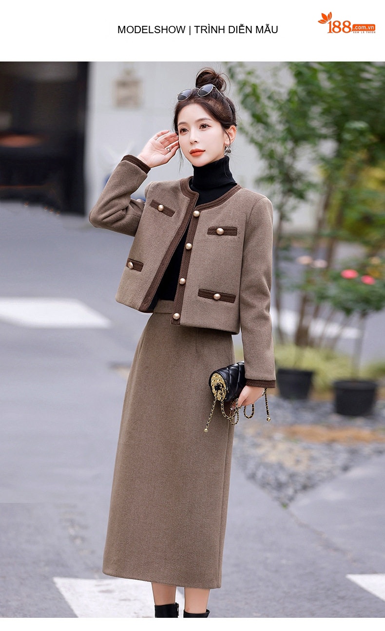 Set Áo Khoác Lửng Chân Váy Tiểu Thư Lót Lông Vũ Trắng Phong Cách Thanh Lịch Màu Nâu, Xám chi tiết 12