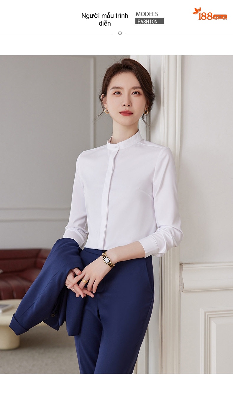 Áo Sơ Mi Nữ Dài Tay Cổ Trụ Dáng Ôm Thời Trang Màu Trắng, Xanh chi tiết 12
