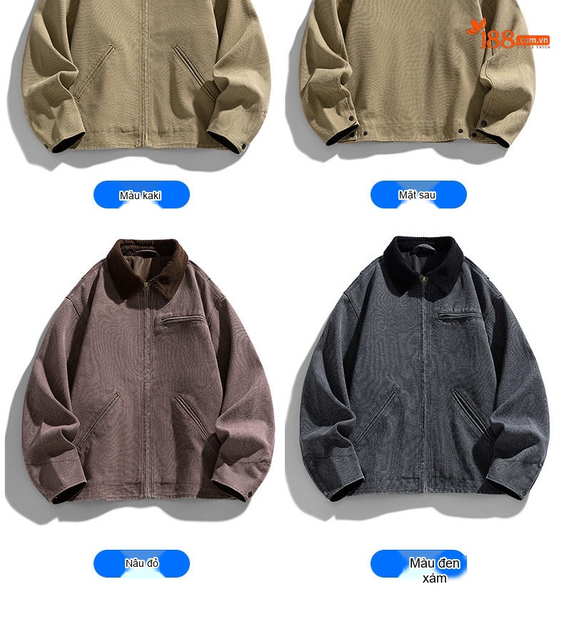 Áo Khoác Dài Tay Nam Vải CORDUROY Phong Cách Nhật Bản Retro Màu Be, Đen, Xám, Nâu... chi tiết 8