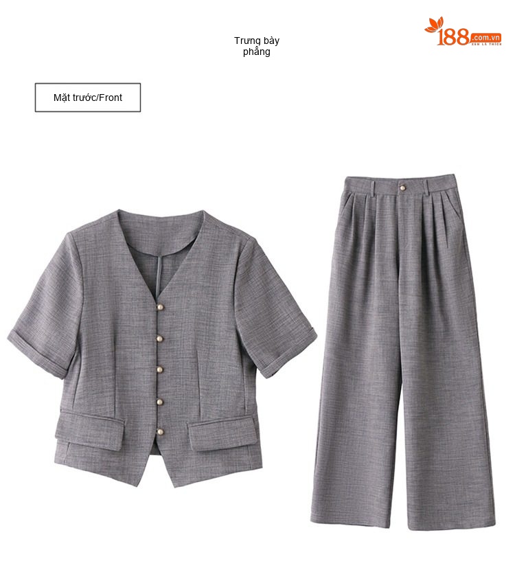 Bộ Quần Áo Nữ Cotton Linen Thiết Kế Áo Vest Tay Ngắn Quần Ống Rộng Phong Cách Thanh Lịch Màu Be, Xám chi tiết 27