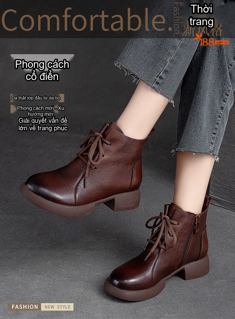 Boot Nữ Cổ Ngắn Da Mờ Đế Dày Chiều Cao Đế Khoảng 4cm Màu Đen, Nâu chi tiết 1