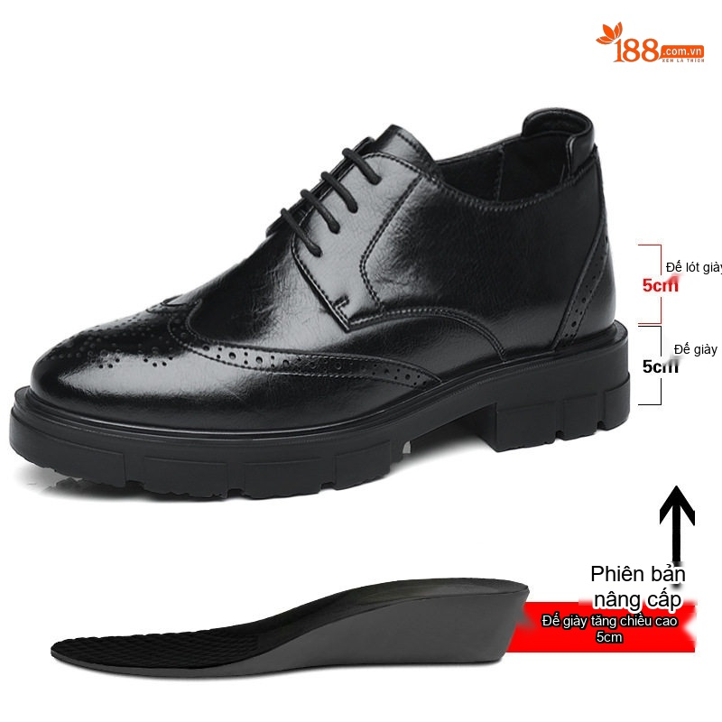 Giày Tây Buộc Dây Nam Da Bò Chiều Cao Đế 8cm Phong Cách Anh Quốc Màu Đen
