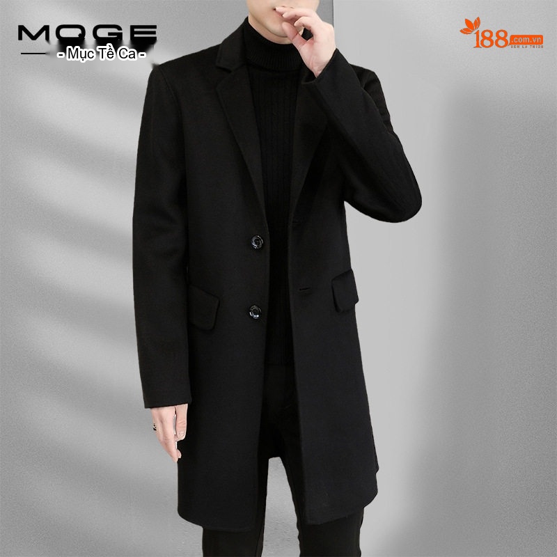 Áo Khoác Dạ Nam Dáng Dài Vừa Cổ chữ Vest Thủ Công Màu Đen, Xám
