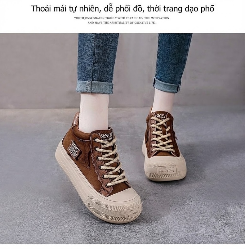 Giày Cao Cổ Nữ Da Bò Đế Bánh Mì Chiều Cao Đế Khoảng 4cm Màu Vàng, Nâu, Đỏ chi tiết 15