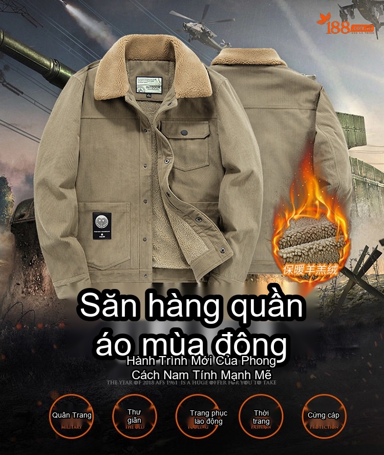 Áo Khoác Bông Nam Lót Lông Cừu Dáng Rộng Cổ Bẻ Màu Be, Nâu, Xám chi tiết 1