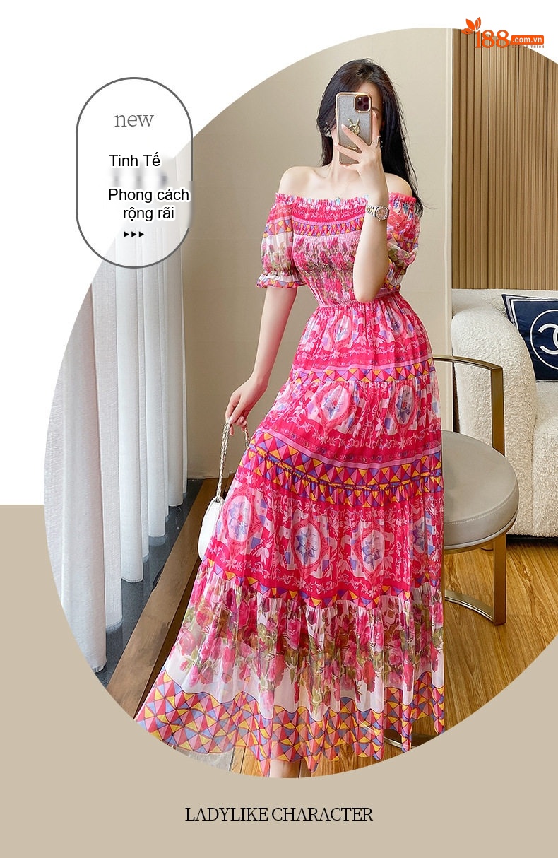 Váy Maxi Nữ Hở Vai Mùa Hè, Vải Voan Lưới Họa Tiết Hoa Nhỏ, Phong Cách Pháp chi tiết 3