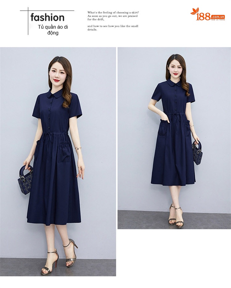 Váy Polo Nữ dáng chữ A Chiết Eo Thanh Lịch Màu Đỏ, Nâu, Xanh Navy, Xanh Lá chi tiết 27