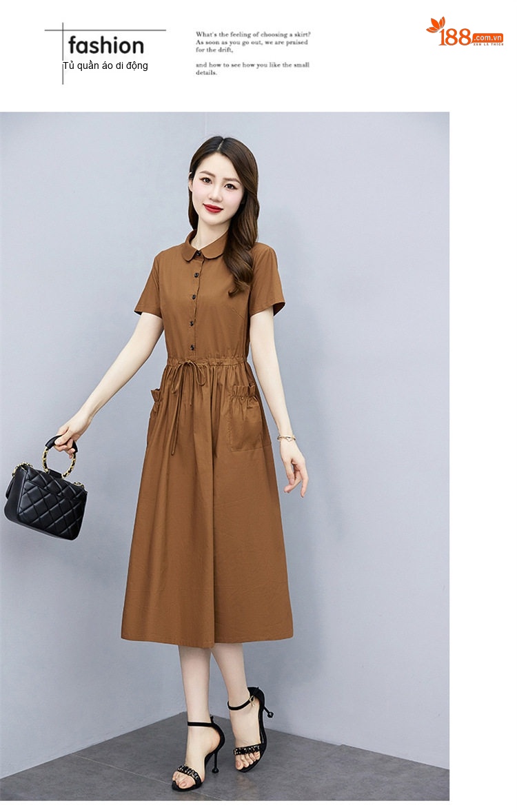 Váy Polo Nữ dáng chữ A Chiết Eo Thanh Lịch Màu Đỏ, Nâu, Xanh Navy, Xanh Lá chi tiết 19