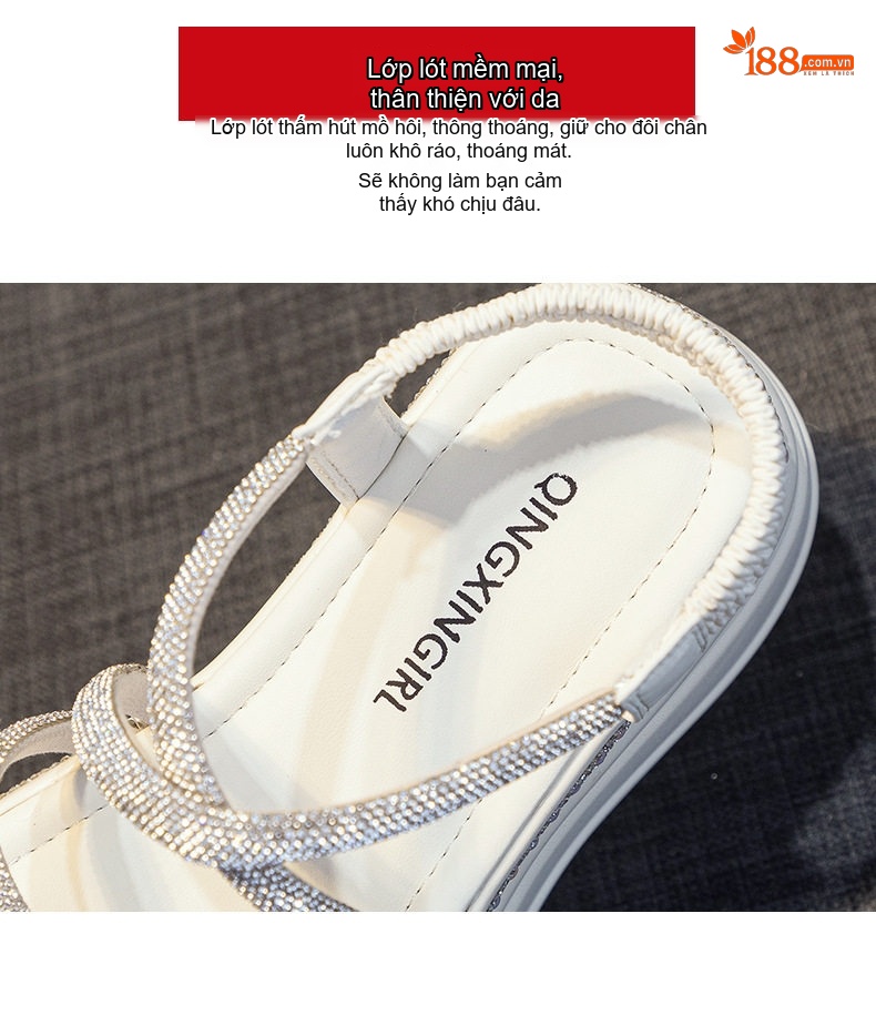 Dép Sandal Nữ Quai Ngang Đính Đá Đế Cao 4cm - 5cm Màu Trắng, Đen, Bạc chi tiết 9