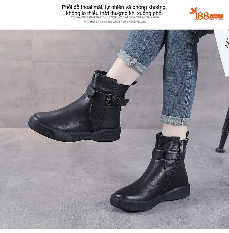 Boot Nữ Da Thật Martin Cổ Ngắn Khóa Đai Phong Cách Anh Chiều Cao Đế Khoảng 3cm Màu Đen chi tiết 12